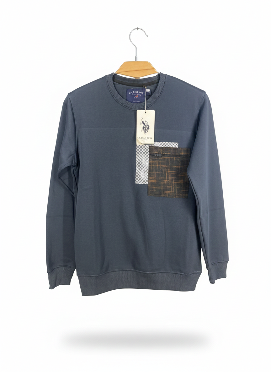 Men’s Navy Crew Neck Sweatshirt with Graphic Chest Pocket