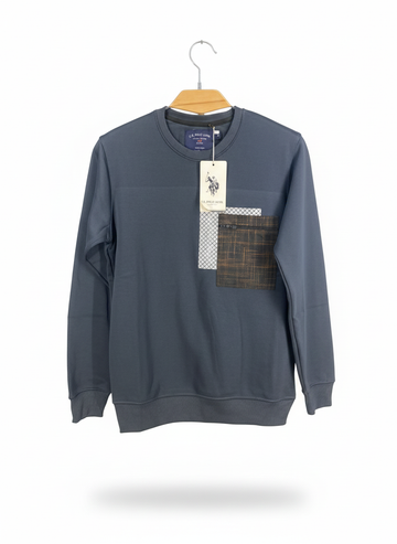 Men’s Navy Crew Neck Sweatshirt with Graphic Chest Pocket